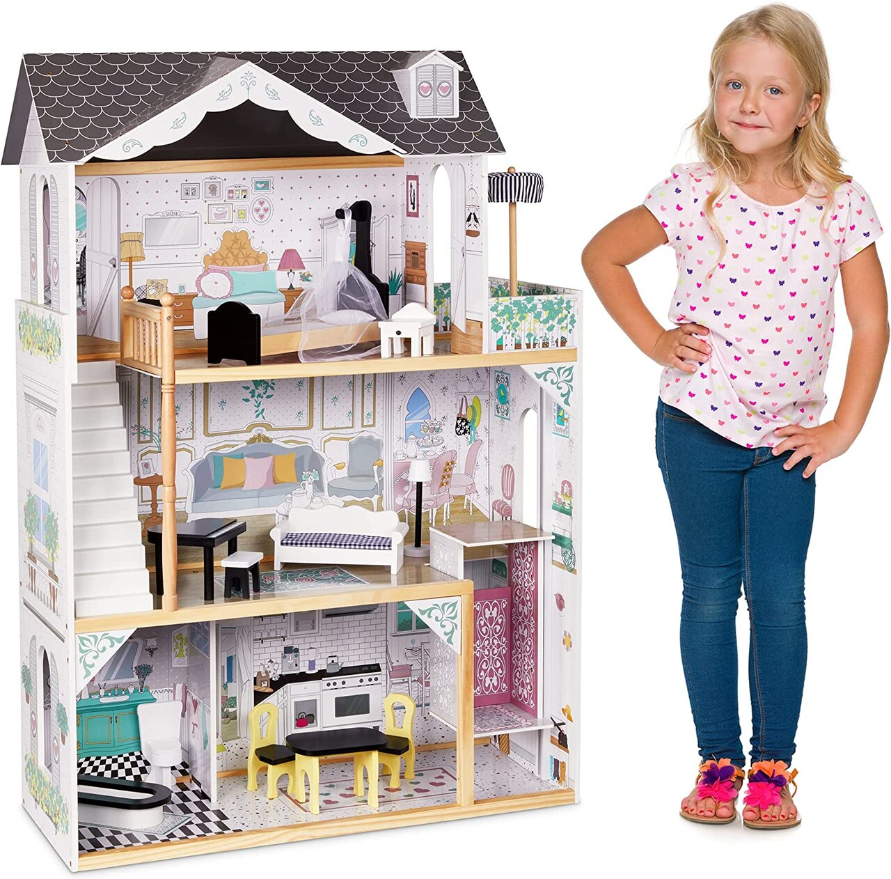 Lil' Jumbl 3-Floor Wooden Dollhouse with Elevator and 16-Piece